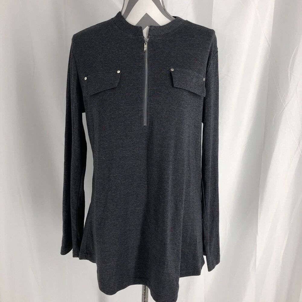 YaYa Bay Women's 3/4 Sleeve Gray Zipper V Neck Henley Tunic Casual Top